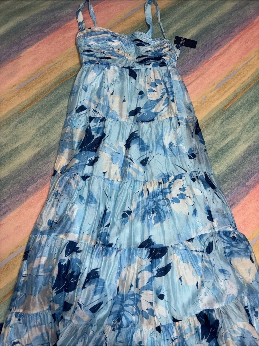 NWT Abercrombie & Fitch Blue Print Ruched Tiered Babydoll Maxi Dress M Tall
